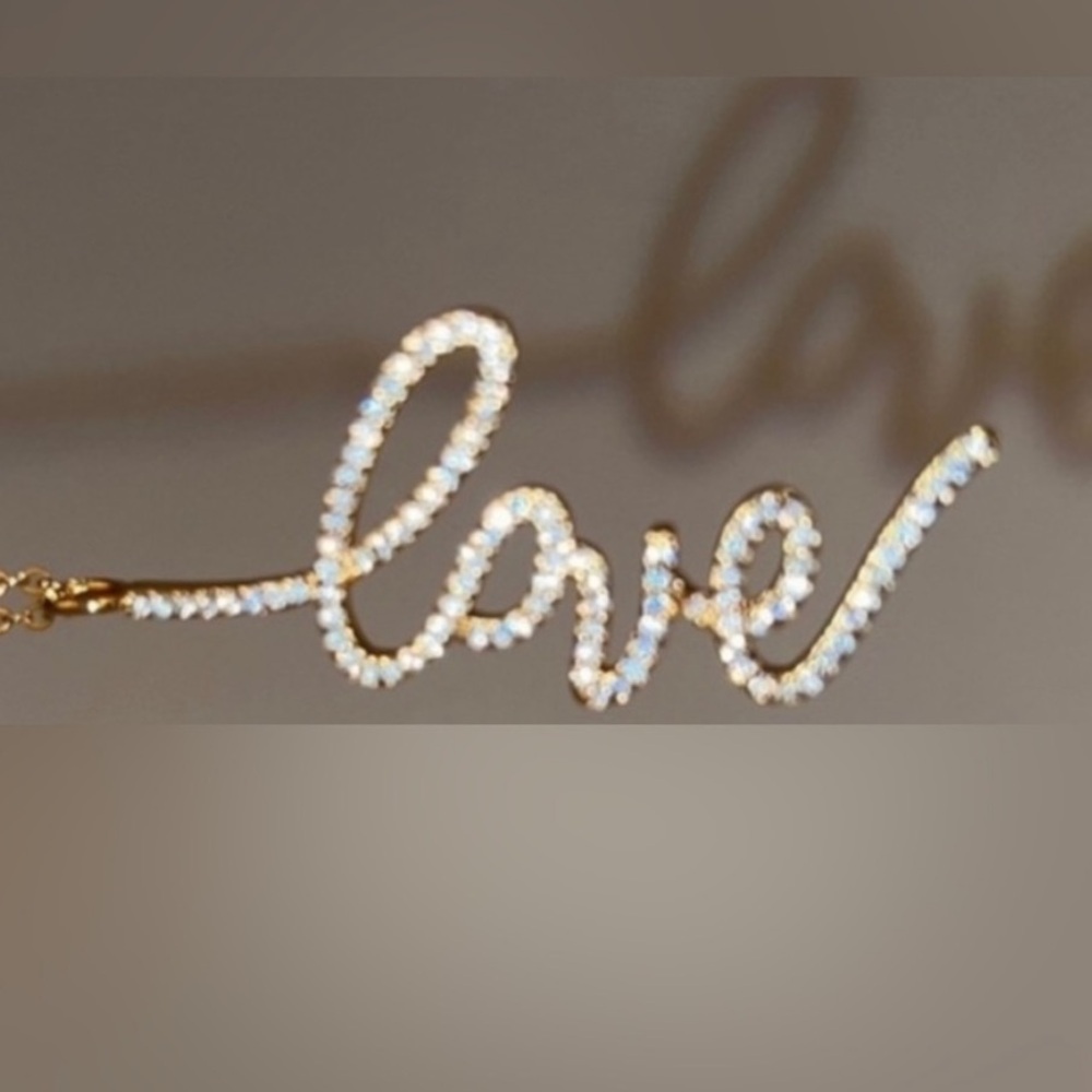 New! The Styled Collection LOVE Script Pendant Necklace Gold Rhinestones - Picture 2 of 12